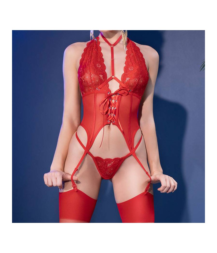 CR-4419 CORSET AND THONG RED